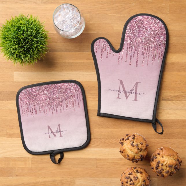 Modern Glitter Drips Personalized Monogram Name  Oven Mitt & Pot Holder Set (Top Down)