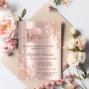 Modern Glitter Drips Rose Gold 18th Birthday  Invitation