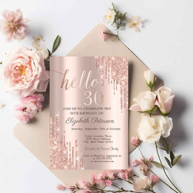 Modern Glitter Drips Rose Gold 30th Birthday  Invitation (Creator Uploaded)
