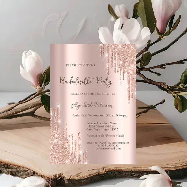 Modern Glitter Drips Rose Gold Bachelorette Party Invitation | Zazzle