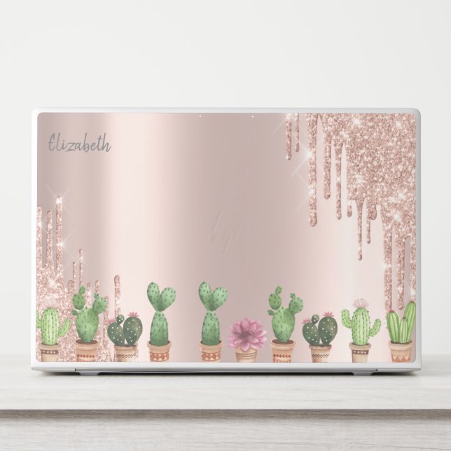 Modern Glitter Drips Rose Gold Cactus HP Laptop Skin (Front)
