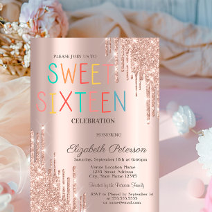 Modern Glitter Drips Rose Gold Colorful Sweet 16 Invitation