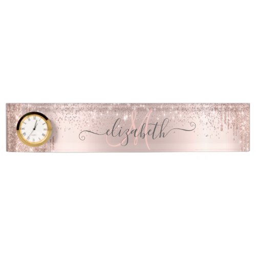 Modern Glitter Drips Rose Gold Dust Monogram  Desk Name Plate