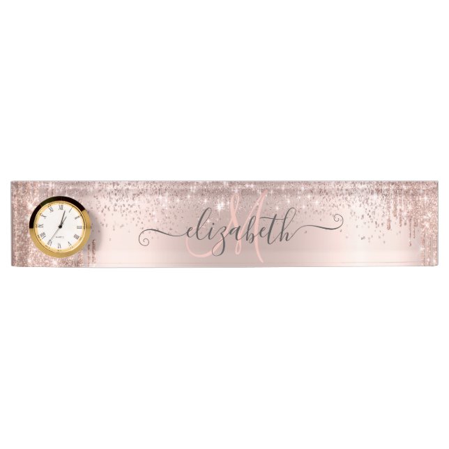 Modern Glitter Drips Rose Gold Dust Monogram  Desk Name Plate (Front)