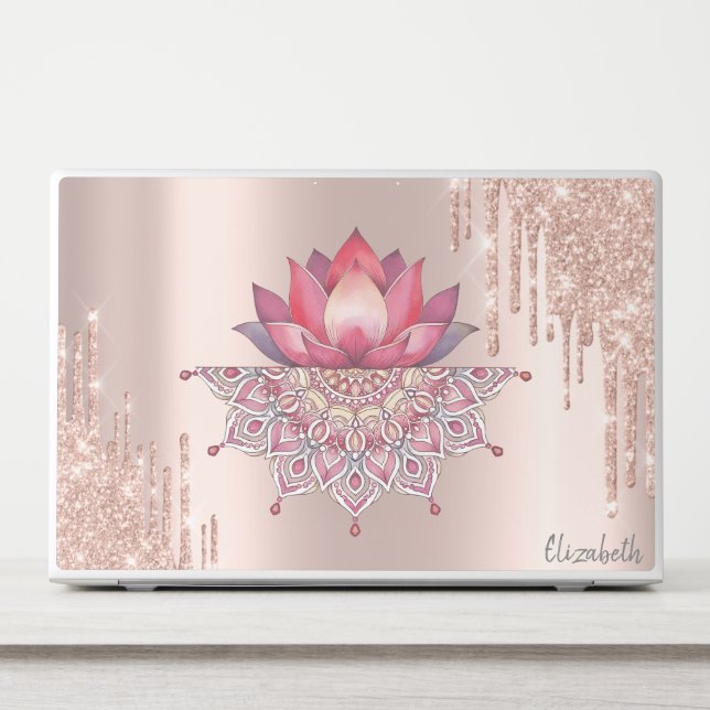 Modern Glitter Drips Rose Gold Lotus Mandala HP Laptop Skin (Front)