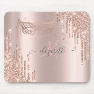 Modern Glitter Drips Rose Gold Masque Monogram Mouse Pad