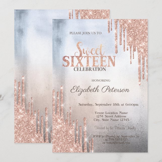 Modern Glitter Drips Rose Gold Metallic Sweet 16 Invitation (Front/Back)