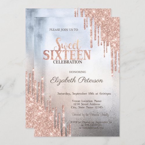 Modern Glitter Drips Rose Gold Metallic Sweet 16 Invitation