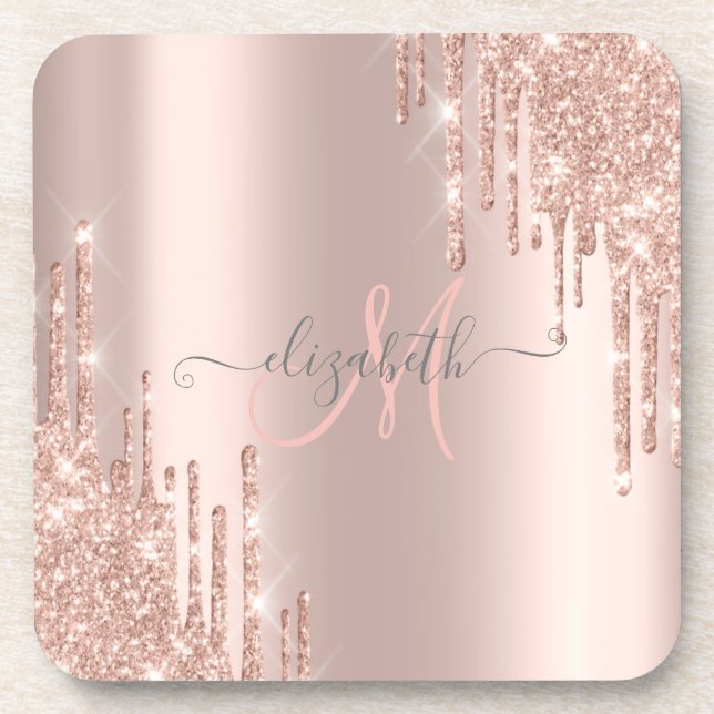 Modern Glitter Drips Rose Gold Monogram  Beverage Coaster (Front)