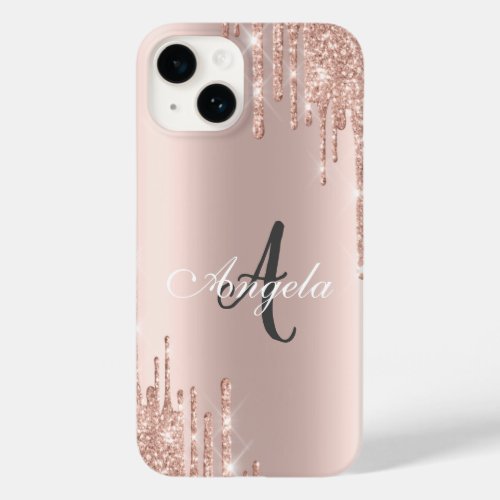 Modern Glitter Drips Rose GoldMonogram  Case_Mate iPhone 14 Case