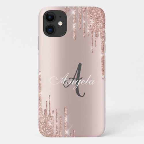 Modern Glitter Drips Rose GoldMonogram iPhone 11 Case