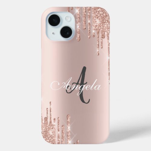 Modern Glitter Drips Rose GoldMonogram iPhone 15 Case