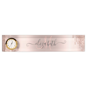 Modern Glitter Drips Rose Gold Monogram Desk Name Plate
