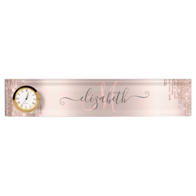 Modern Glitter Drips Rose Gold Monogram  Desk Name Plate (Front)