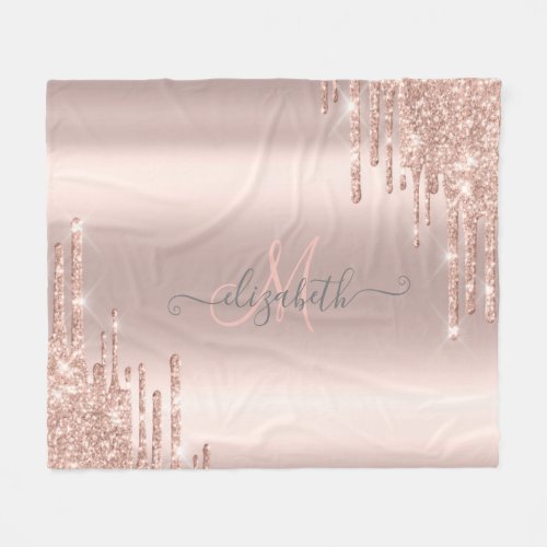 Modern Glitter Drips Rose Gold Monogram Fleece Blanket