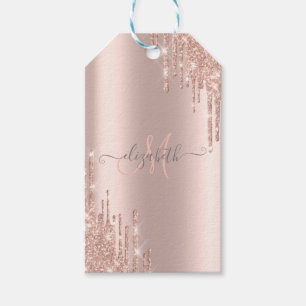 Modern Glitter Drips Rose Gold Monogram Gift Tags