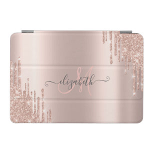 Modern Glitter Drips Rose Gold Monogram iPad Mini Cover
