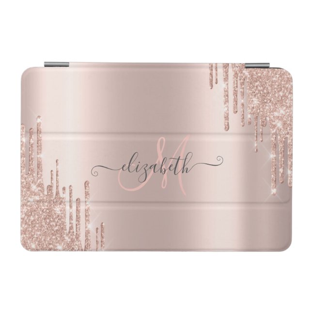 Modern Glitter Drips Rose Gold Monogram iPad Mini Cover (Horizontal)