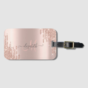 Modern Glitter Drips Rose Gold Monogram Luggage Tag