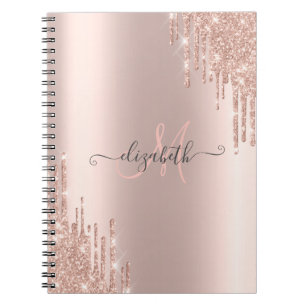 Modern Glitter Drips Rose Gold Monogram Notebook