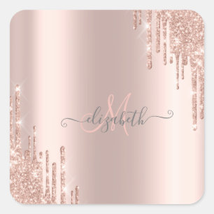 Modern Glitter Drips Rose Gold Monogram Square Sticker