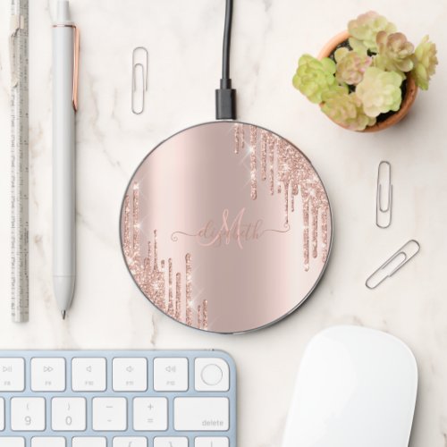 Modern Glitter Drips Rose Gold Monogram    Wireless Charger