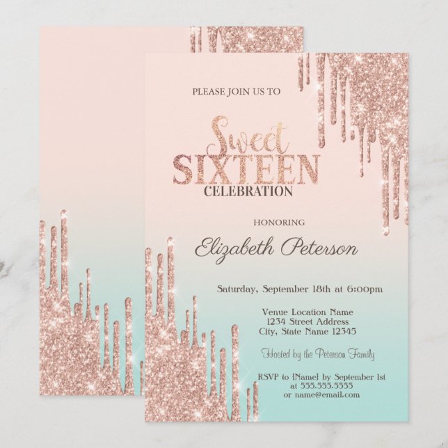 Modern Glitter Drips Rose Gold Ombre Sweet 16  Invitation (Front/Back)