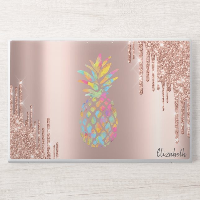 Modern Glitter Drips Rose Gold Pineapple HP Laptop Skin (Front)