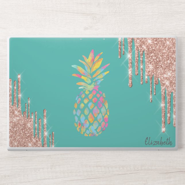 Modern Glitter Drips Rose Gold Pineapple Teal HP Laptop Skin (Front)