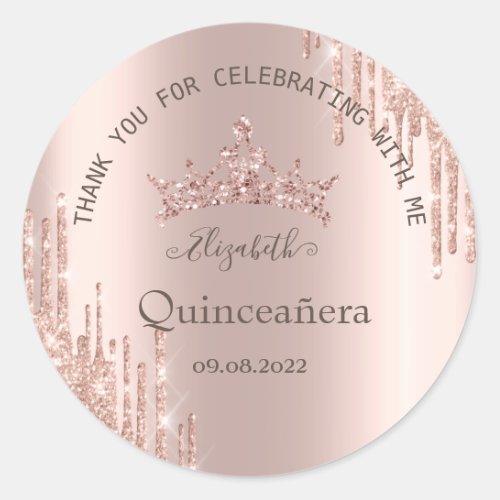 Modern Glitter Drips Rose Gold Quinceaera Classic Round Sticker