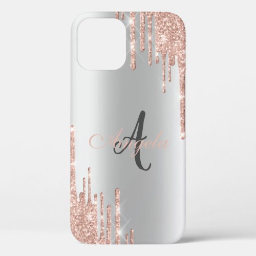 Modern Glitter Drips Rose GoldSilverMonogram iPhone 12 Case