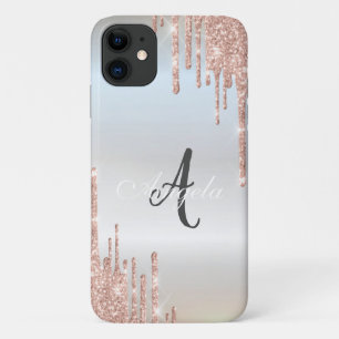 Modern Glitter Drips Rose Gold,Silver Monogram iPhone 11 Case