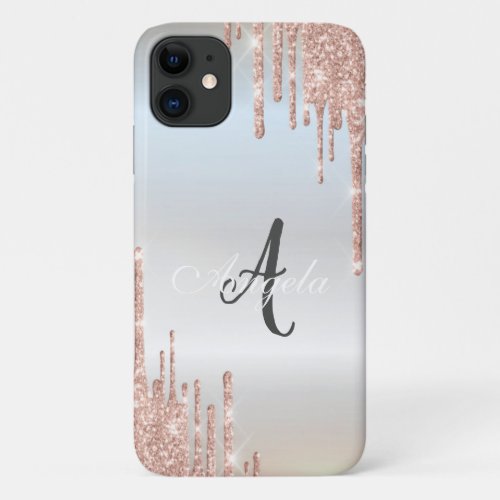 Modern Glitter Drips Rose GoldSilver Monogram  iPhone 11 Case