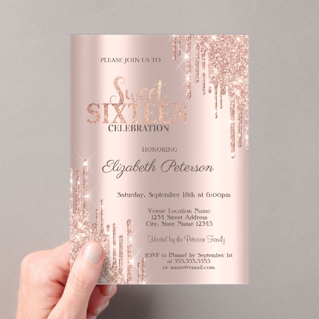 Modern Glitter Drips Rose Gold  Sweet 16 Acrylic Invitations (Insitu (Handheld))