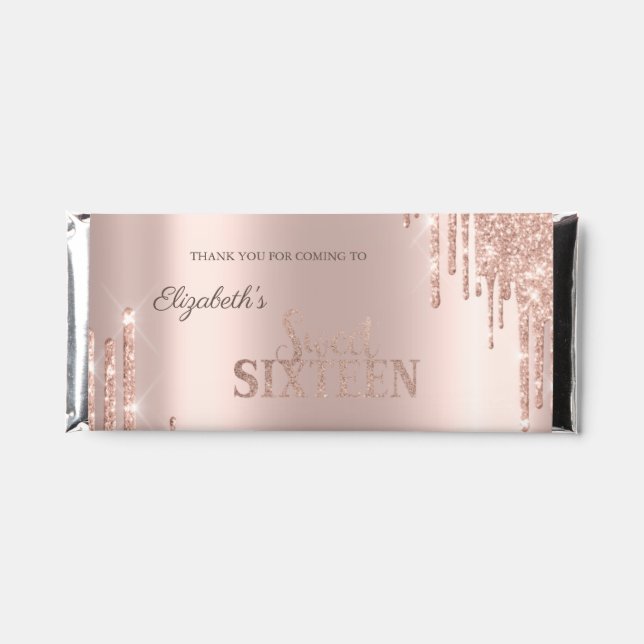 Modern Glitter Drips Rose Gold  Sweet 16 Hershey Bar Favors (Front)