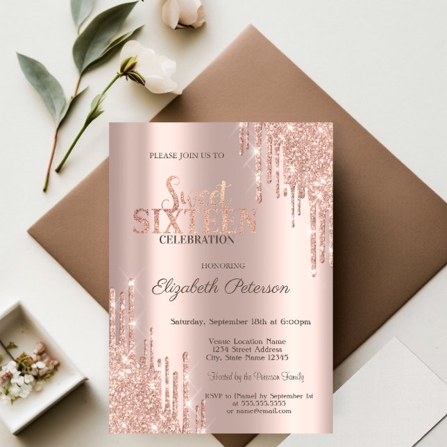 Modern Glitter Drips Rose Gold  Sweet 16 Invitation (Creator Uploaded)