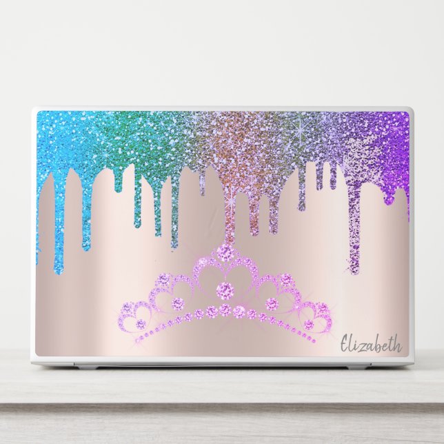 Modern Glitter Drips Rose Gold Tiara Diamonds HP Laptop Skin (Front)