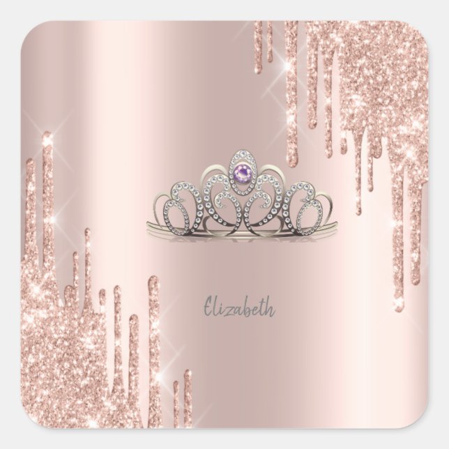 Modern Glitter Drips Rose Gold Tiara Square Sticker (Front)