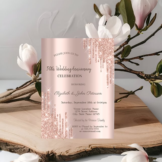 Modern Glitter Drips Rose Gold Wedding Anniversary Invitation (Creator Uploaded)