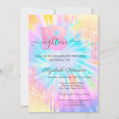 Modern Glitter Drips Tie Dye 18th Birthday  Invitation