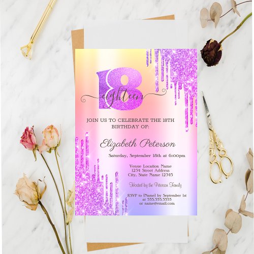 Modern Glitter Drips Violet 18th Birthday  Invitation