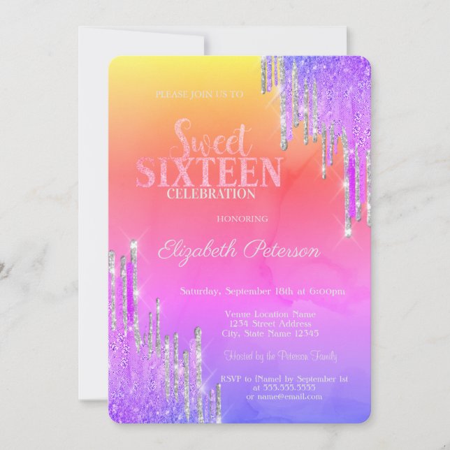 Modern Glitter Drips Violet Ombre Sweet 16 Invitation (Front)