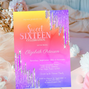 Modern Glitter Drips Violet Ombre Sweet 16 Invitation