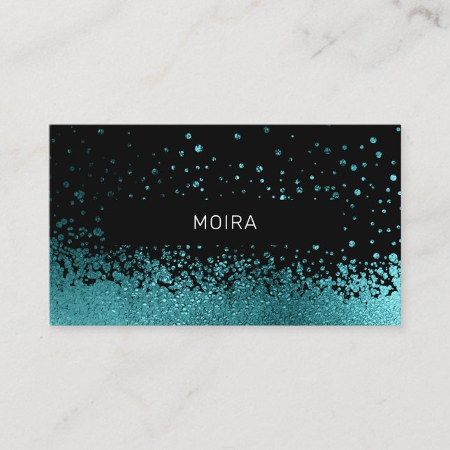 Modern Glitter Drop Aqua-Blue Black Business Card (Front)