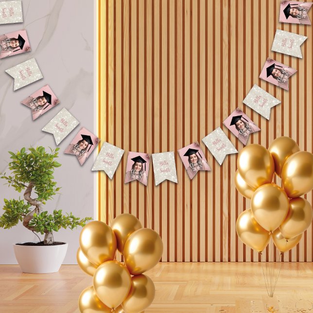 Modern Glitter Dusty Pink Graduation Photo Bunting Flags (Creator Uploaded)