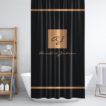 Modern Glitter Elegant Monogrammed Black Gold Shower Curtain by invitations_kits at Zazzle