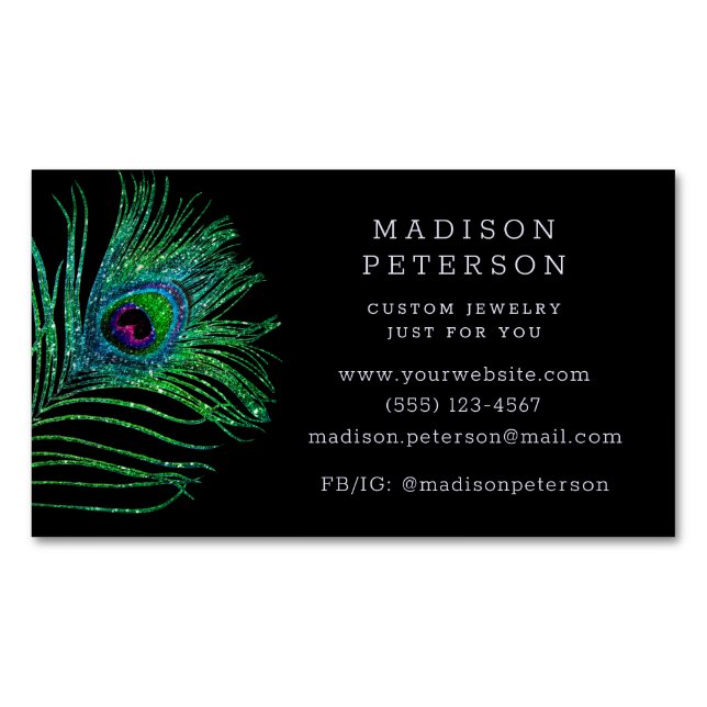 Modern Glitter Feather Jewelry Stylist Hairdresser Business Card Magnet (Front)