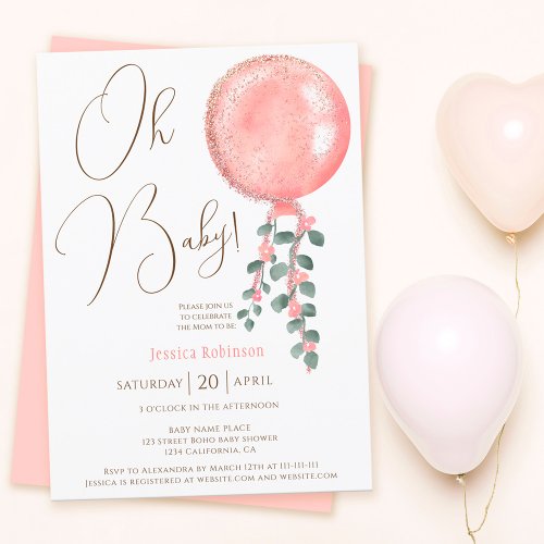 Modern glitter girl pink balloon Oh baby shower Invitation