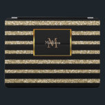 Modern glitter gold black stripes monogram name iPad pro cover<br><div class="desc">Personal modern glitter Ipad pro case. Black stripes on golden background and monogram and name.</div>