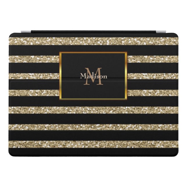 Modern glitter gold black stripes monogram name iPad pro cover (Horizontal)